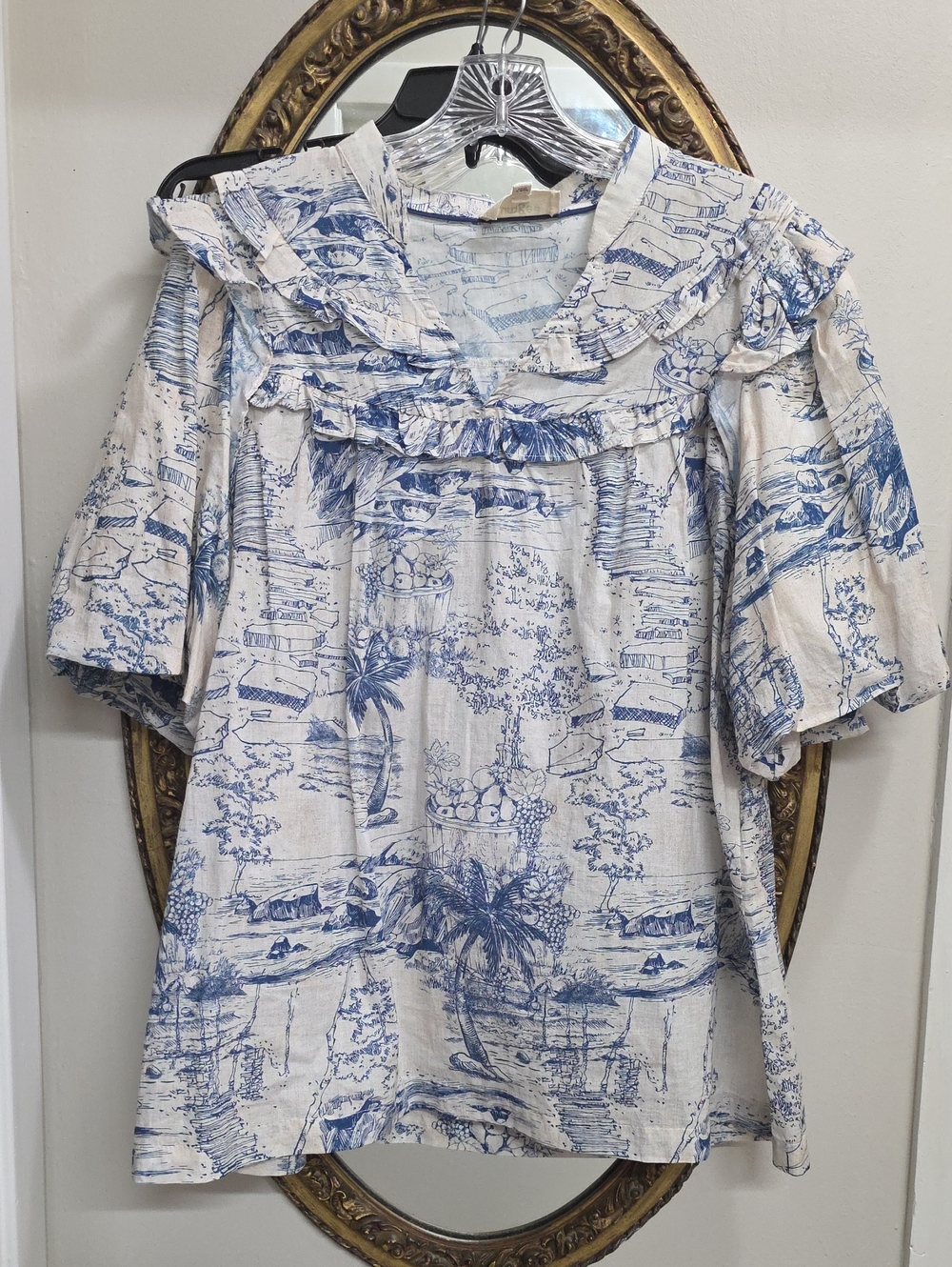 Umgee Blue Toile Ruffled Women's Loose Fit Top Bohemian Boho Ruffled Size XL